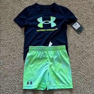 Under Armour Boys 2T Athletic Outfit Set Navy Shirt & Neon Green Shorts NWT